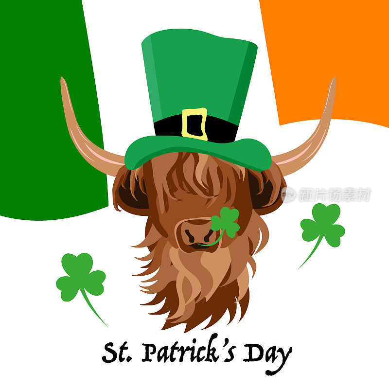 St. Patrick's Day with Highland cow, wearing a leprechaun hat,